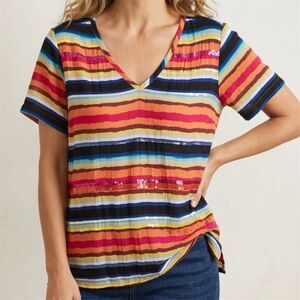 SOFT SURROUNDINGS Top Womens Sz L Tunic Colorista Striped Sequin V-Neck colorful